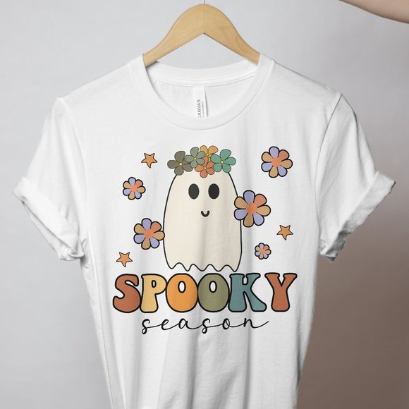 Spooky Season Halloween Ghost Hippie Flower Tshirt - Picture 1 of 1